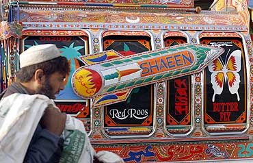 A vehicle decorated with an image of a nuclear-capable Shaheen missile in Rawalpindi