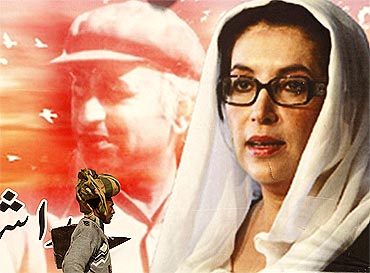 A man walks in front of a poster of Benazir Bhutto