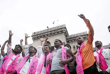 TRS activists protesting in Hyderabad on Monday