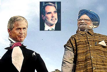 Effigies of then US President George W Bush and Prime Minister Manmohan Singh. Inset: Michael Krepon