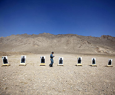 An Afghan police instructor at a training session in Kabul