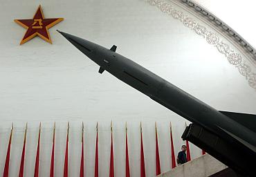 A Hongqi-2 missile on display in the hall of weapons at the Military Museum in Beijing