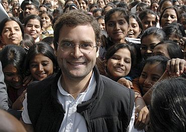 Congress General Secretary Rahul Gandhi smiles during his visit to a women's college in Patna