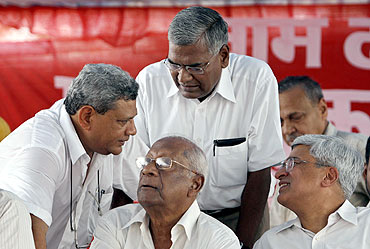 Communist leaders Sitaram Yechury, A B Bardhan, D Raja and Prakash Karat at a rally in New Delhi