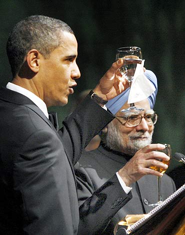 Obama and Dr Singh at the State dinner at the White House last November