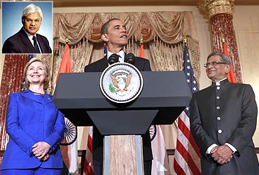 US President Barack Obama, flanked by Secretary of State Hillary Clinton and India's Foreign Minister S M Krishna; inset: Ashley Tellis