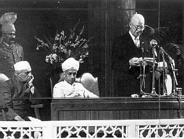 Prime Minister Jawaharlal Nehru and Vice-President Dr Sarvepalli Radhakrishnan during US President Dwight 'Ike' Eisenhower's address to Parliament.