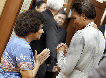 Michelle with Usha Thakkar, director of the Mani Bhavan Gandhi Museum