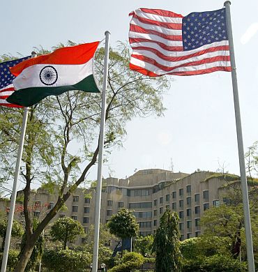 Indo-US flags flutter outside Maurya Hotel