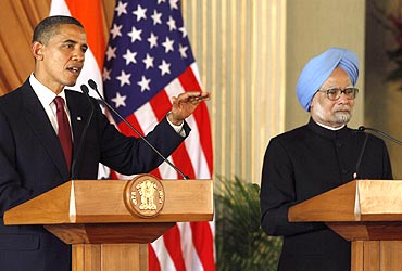 President Obama and PM Dr Singh at a joint news conference at Hyderabad House in New Delhi on Monday