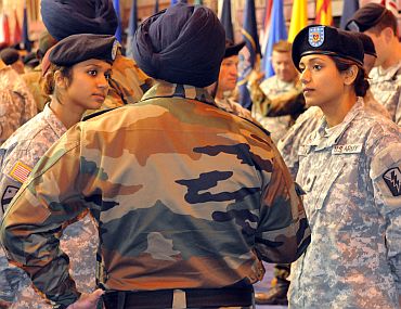 Balreet Kaur and Jasleen Kaur compare common courtesies of India and the US with an Indian Army soldier