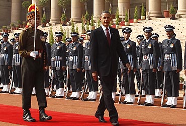 President Obama inspects an honour guard during an official arrival ceremony at Rashtrapati Bhavan in New Delhi