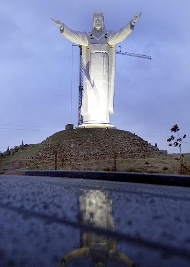 The giant statue of Jesus Christ is seen in Swiebodzin