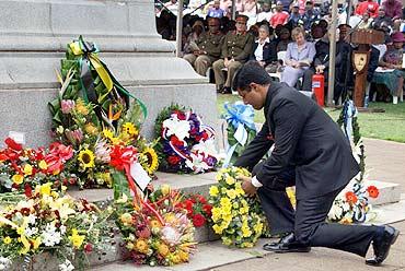 India's Consul General in Johannesburg Vikram Doraiswami lays a wreath at the Cenotaph in honour of the Indian Ambulance Corps formed by Mahatma Gandhi