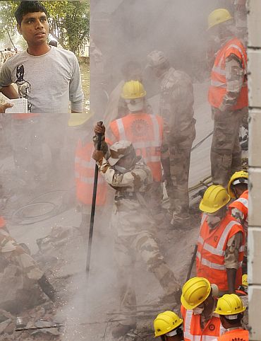Rescue workers and security personnel search for survivors under the rubble. (Inset) Raja Saxena