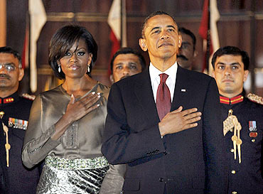 Barack and Michelle Obama at the State dinner at Rashtrapati Bhavan
