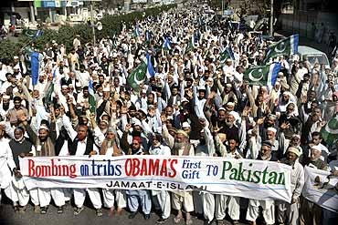 Supporters of the Pakistani Islamist party Jamat-e-Islami protest against military operations and drone attacks in tribal areas