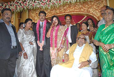DMK chief and Tamil Nadu Chief Minister M Karunanidhi with Dayanidhi Alagiri and Anusha