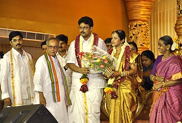 Finance Minister Pranab Mukherjee with the newlyweds