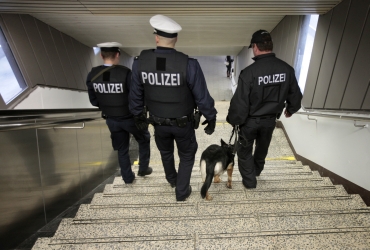 German federal police officers patrol at the main railway station in Hamburg
