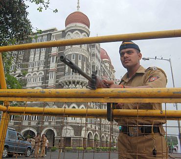 A police checkpost outside the Taj Hotel