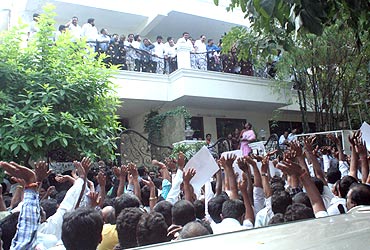 Supporters celebrate Jagan's decision in Hyderabad on Monday