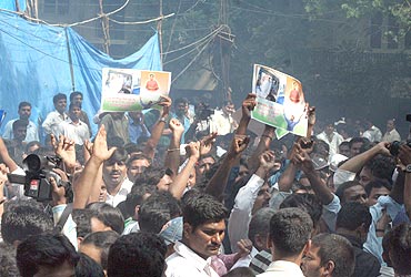 Supporters celebrate Jagan's decision in Hyderabad on Monday