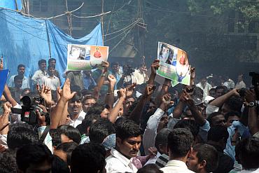 Jagan's supporters outside his house in Hyderabad