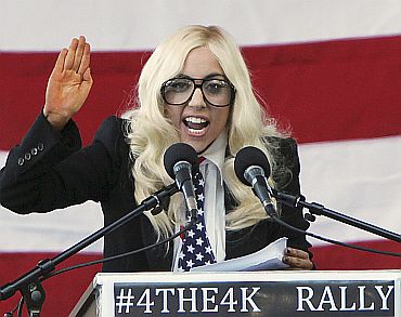 Singer Lady Gaga speaks at a rally in Portland, Maine on September 20, urging members of the US Senate to repeal the military rule banning openly gay people from serving in the armed forces. The event was organised by the Servicemembers Legal Defence Network to pressure Republican US Senators Olympia Snowe and Susan Collins of Maine to vote to allow a repeal of the policy