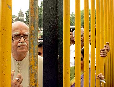 Advani inspects the site of the Ram temple in Ayodhya, in July, 2005