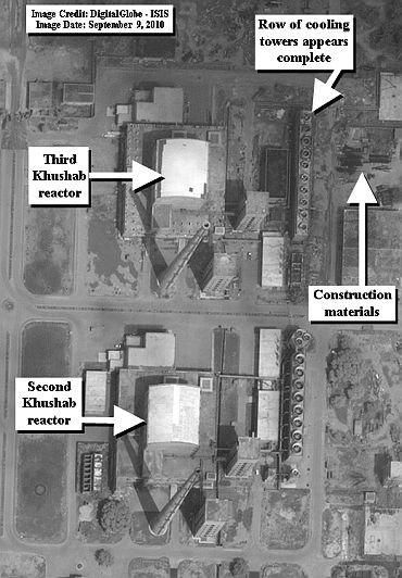 DigitalGlobe satellite image from September 9, 2010 of the Khushab nuclear site in Pakistan.  The third heavy water reactor can be seen along with a row of mechanical draft cooling towers that appears complete.  The second heavy reactor can be seen directly below the third reactor.