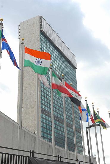 The UN headquarters in New York with the tricolour fluttering outside
