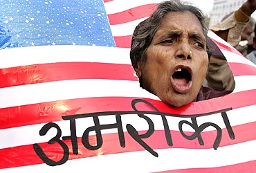 An activist from Communist Party of India (Marxist Leninist) shouts slogans against US President George W Bush during a protest against Israeli attacks on Gaza, in Allahabad