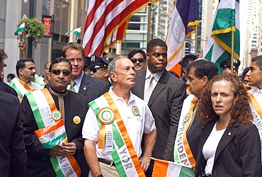 New York Mayor Bloomberg joins Indian residents to celebrate India's Independence Day at a parade in New York