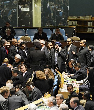 The Indian delegation receives congratulations in the General Assembly Hall, upon the country's election
