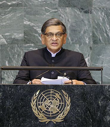 External Affairs Minister S M Krishna addresses the General Assembly