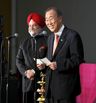 UN Secretary General Ban Ki-moon at India's Permanent Mission. Also pictured, Hardeep Singh Puri