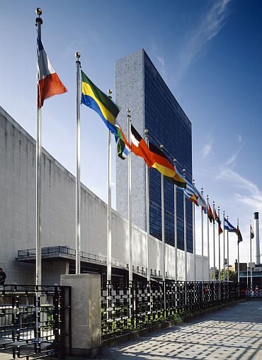 Flags of member nations fly at the United Nations