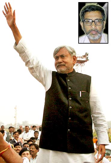 Bihar Chief Minister Nitish Kumar at an election rally in Patna. Inset: Dr Shaibal Gupta