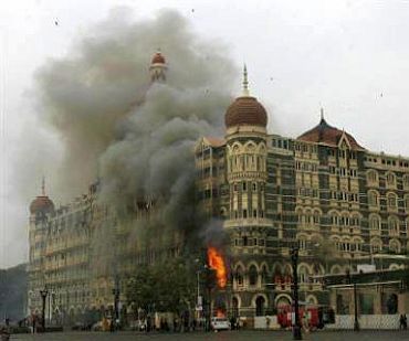 A burning Taj during the 26/11 attacks