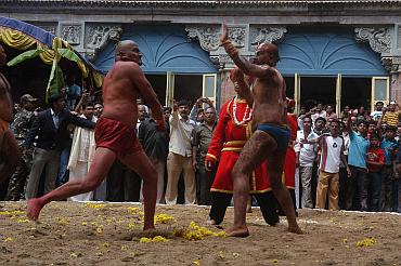 Wrestlers as part of a Tableau at the Dusshera celebrations