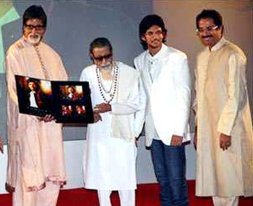 Aditya with Amitabh Bachchan, Bal Thackeray and Uddhav Thackeray at the launch function of his pop album