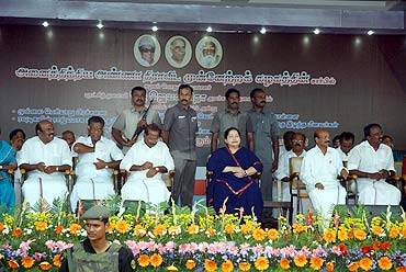 J Jayalalitha on the dais at the AIADMK rally in Madurai