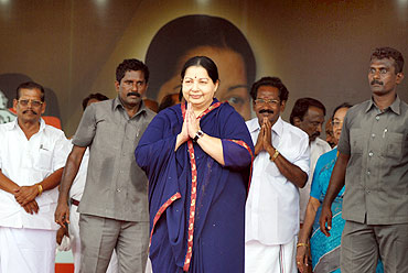 AIADMK leader J Jayalalitha gestures to the crowd