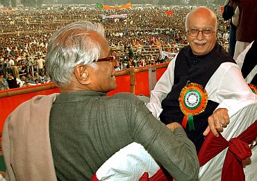 BJP leader L K Advani with George Fernandes at an election rally in Bihar earlier this decade