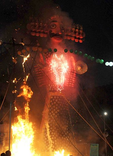 Ravan's effigy in flames, at the Dussehra celebrations, at Red Fort Ground on the auspicious occasion of Vijay Dashmi