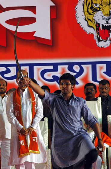 Aditya brandishes a sword at the Sena's Dussehra rally in Mumbai