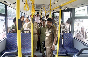Commuters inside BEST operated Merc buses in Mumbai