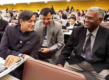 Tharoor with fellow MP D Raja at the UN