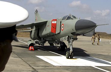IAF fighter aircraft MIG-23MF stands at Jamnagar Air Force Base